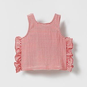 Zara Red and White Striped Tank Top with Ruffle Trim